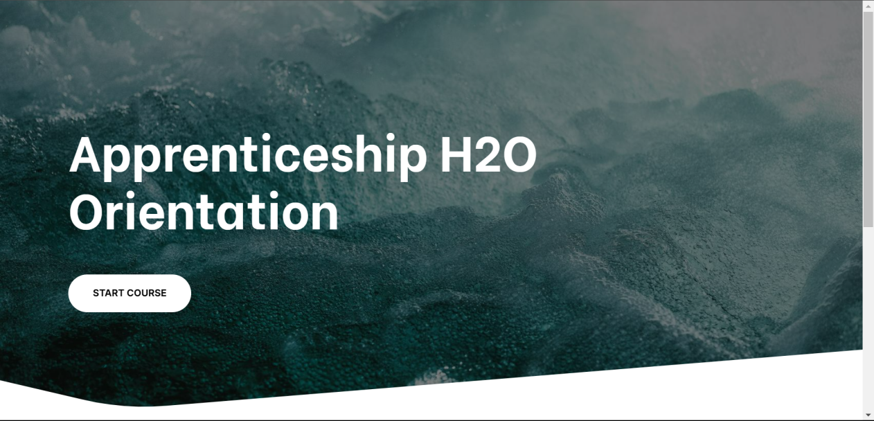 Title screen for the "Apprenticeship H2O" module. There is a "start course" button with ocean waves as a background.