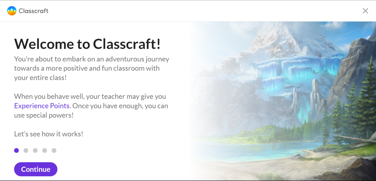 Welcome screen for ClassCraft. A faint image behind the words "Welcome to Classcraft" shows a illustrated mountain range.